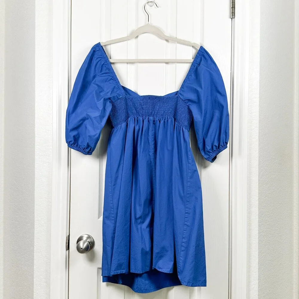 Petal and Pup Lionel Puff Sleeve Mini Dress Women’s L Blue Cotton Smocked - Picture 6 of 8